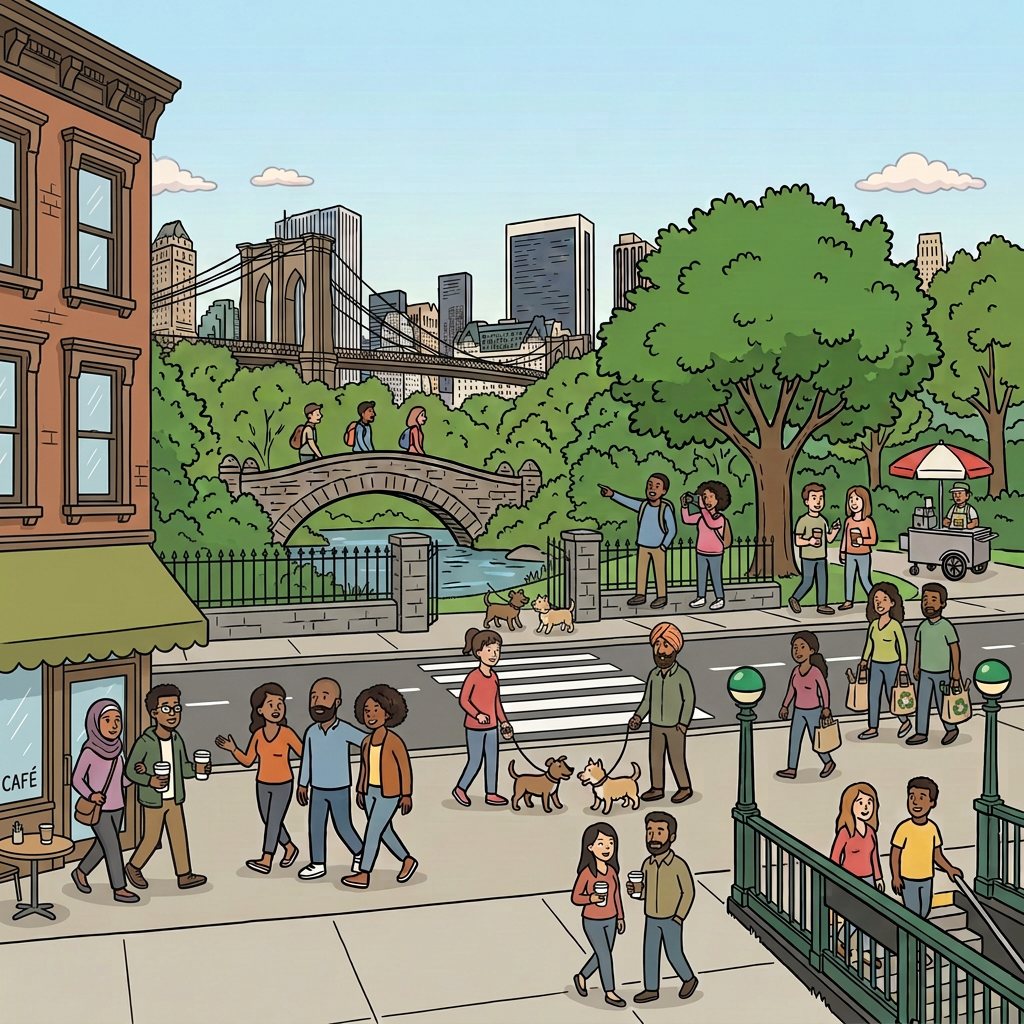 Illustration of a New York street corner by a park: friends, dog walkers and people with coffee and groceries on the sidewalk, a subway entrance, and the skyline and Brooklyn Bridge behind
